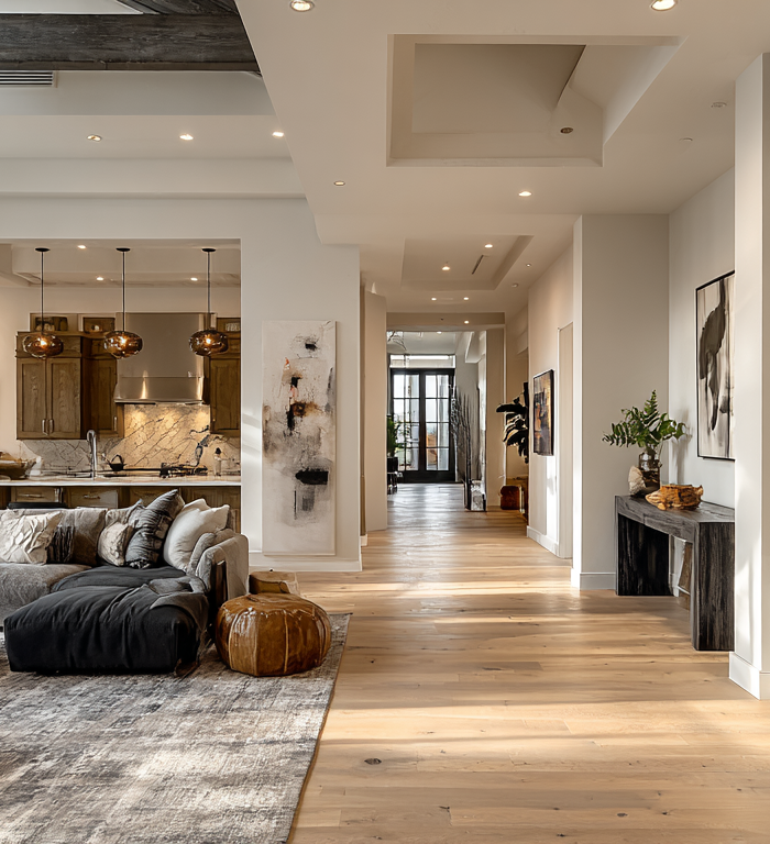 Modern living room with a large painting on the wall, wooden floor, and stylish furniture.