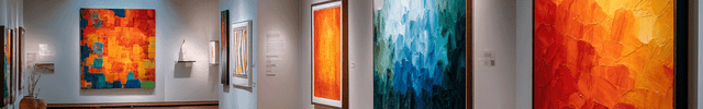 Art gallery with colorful abstract paintings on the walls.