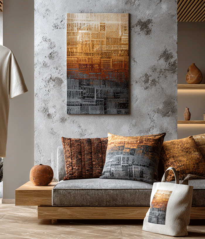 Living room with a sofa, cushions, and a t-shirt with abstract design.