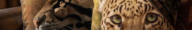 Leopard-themed decorative pillows on a brown leather couch with a warm, homey background.
